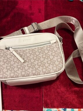 New never used DKNY Beige Logo Crossbody Bag long strap high quality